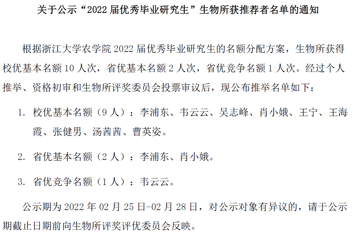 关于公示“2022届优秀毕业研究生”生物所获推荐者名单的通知